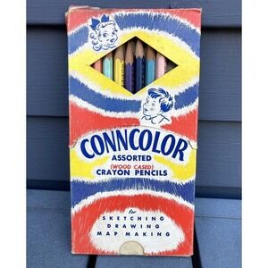 Vintage colored pencils Conncolor wood cased crayon in orig slide box 1950's